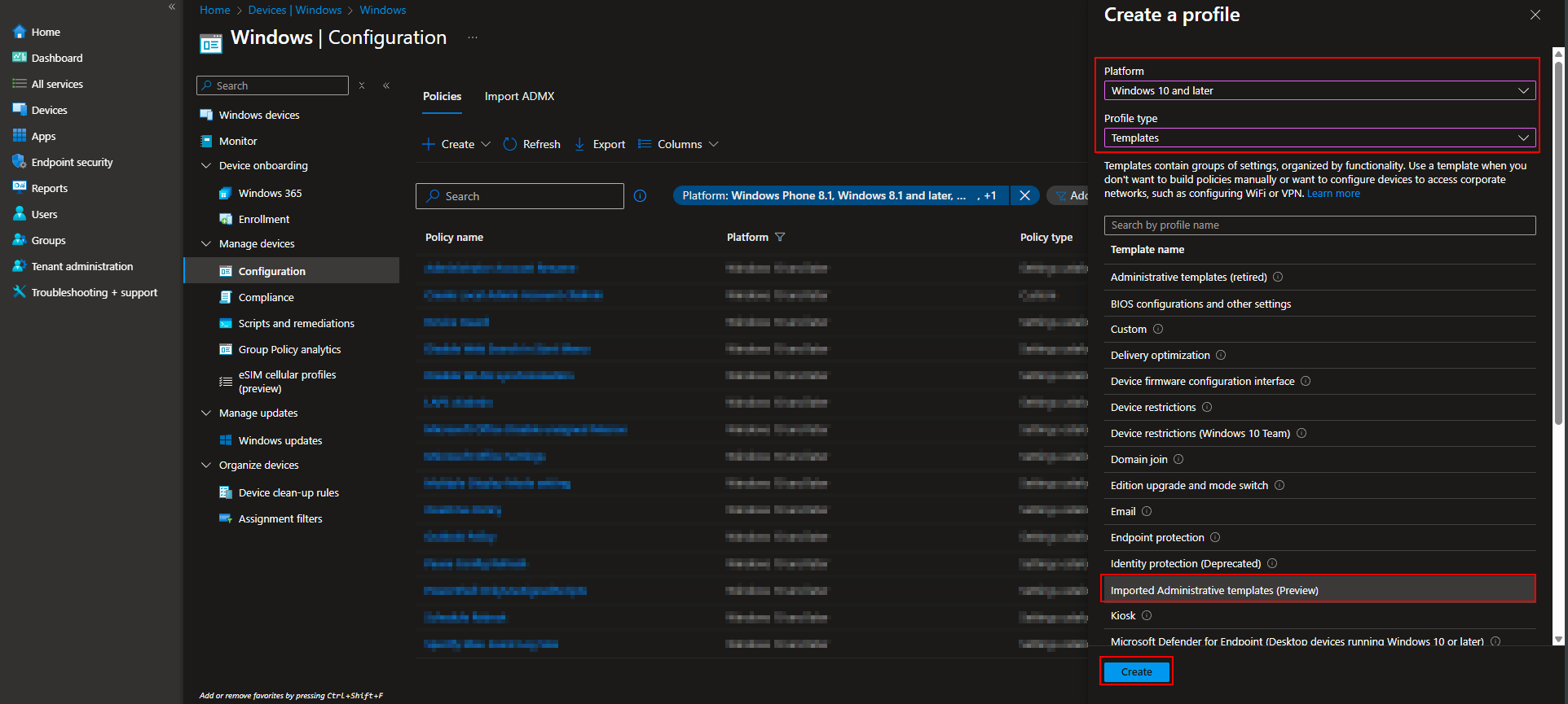Creating configuration profile with imported templates